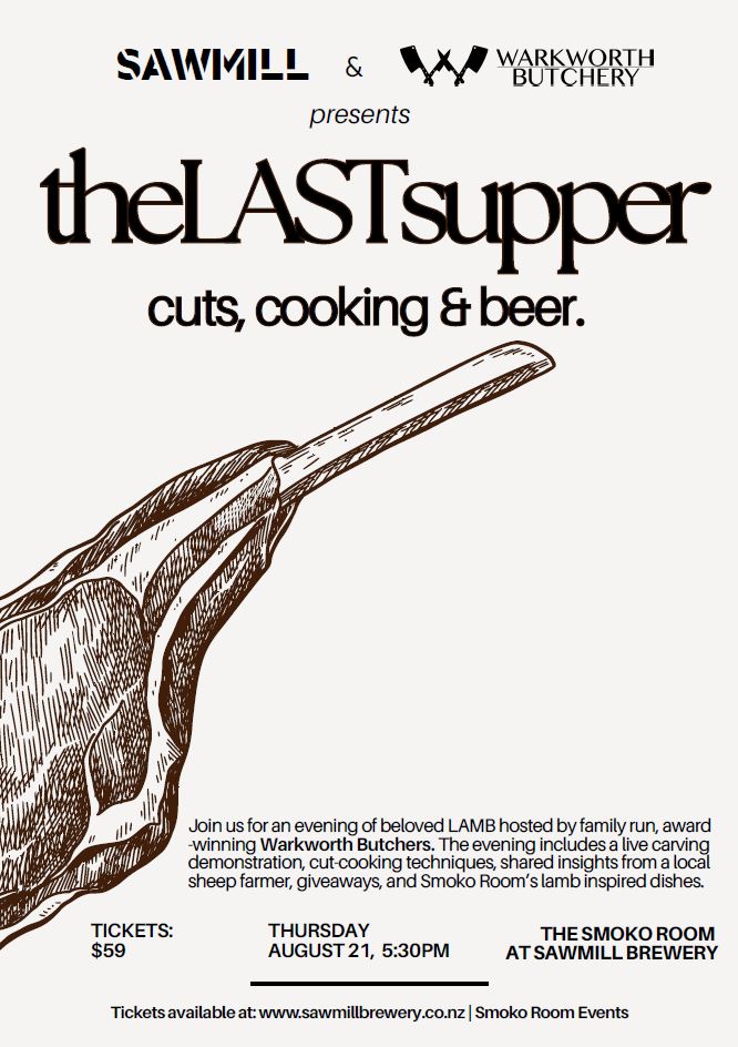 Advertisement for 'the LAST supper' event featuring a steak illustration and text about cuts, cooking, and beer.